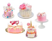 Various tender pink cakes isolated on white background for celebration. PNG, copy space