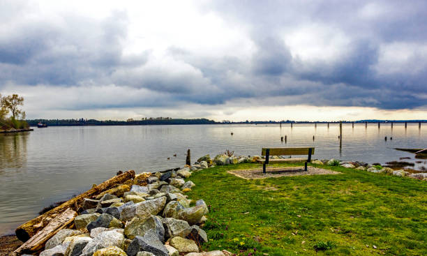 Recreation area with bench on the banks of the Fraser River near Richmond City, wooded slopes on the opposite bank of the river, the bank is lined with stones against a cloudy sky