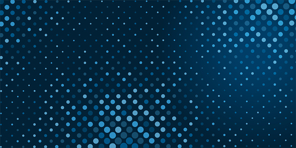 Abstract dark background with dots of different sizes and different shades of blue for design of covers, presentations, websites on topic of big data, computer science, artificial intelligence