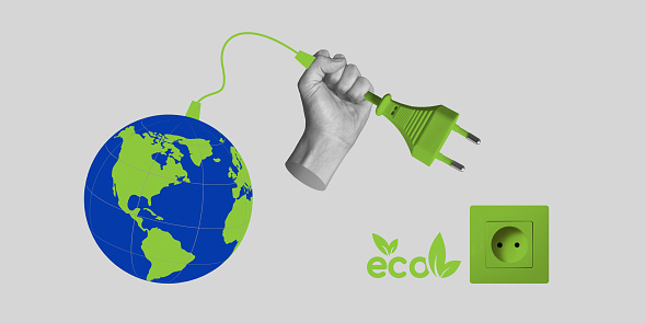Green energy concept. A hand with an electric plug connects the globe to an eco-friendly outlet. Minimalist art collage