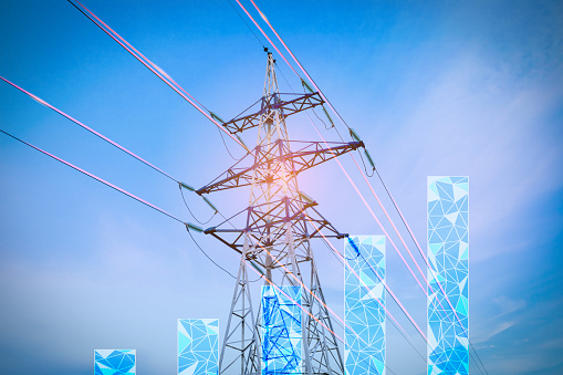 Electricity. Distribution, transmission, and consumption of electricity concept. A power line and an ascending graph in a low-poly style against the sky