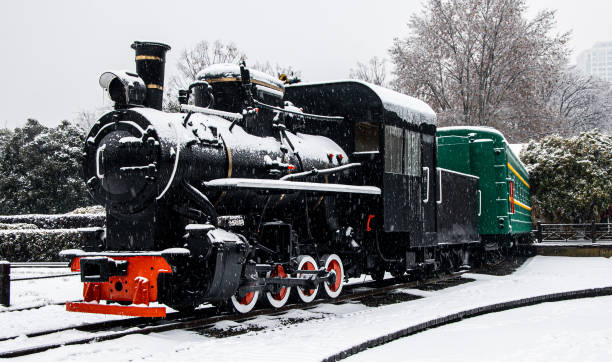 istock Train parked on snowy tracks by bushes in Wuhan, China 2138942633