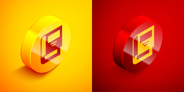 Isometric History book icon isolated on orange and red background. Circle button. Vector.
