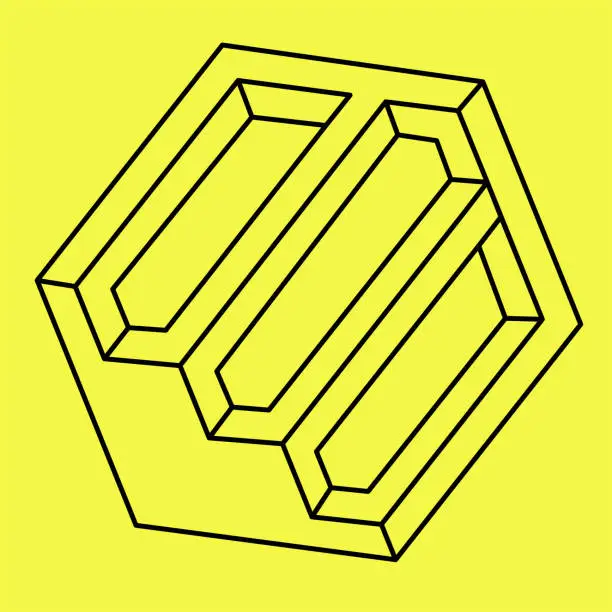 Vector illustration of Impossible shape. Optical illusion. Vector illustration isolated on a yellow background. Sacred geometry. Black lines.