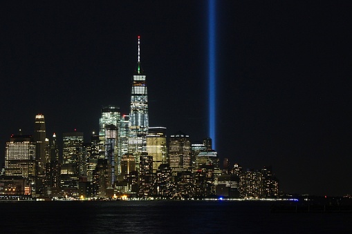 9-11 Memorial at night. Lower Manhattan, New York City.