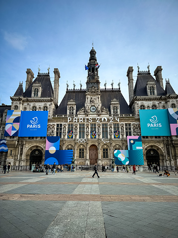 Paris, France - 20.02.2024. Hotel de Ville or City Hall in Paris, France. Decorated with banners about olympic games in Paris in 2024