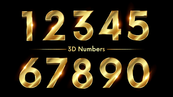 Golden Number 3D Style Font. one to Nine Isolated Letters. Birthday golden numbers Vector design elements. Golden numbers set. Vector 3d illustration. Realistic shiny characters