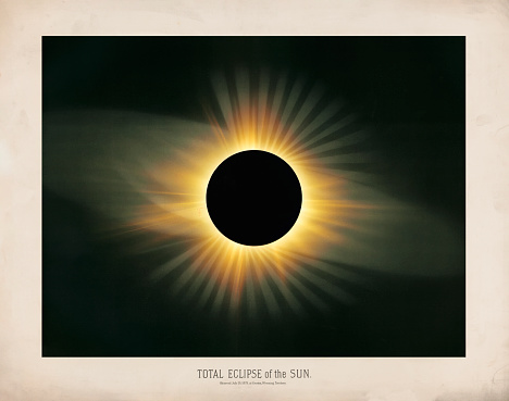 Vintage illustration features the total solar eclipse of 1878, which occurred on July 29, and crossed North America from the Pacific Northwest to the Southeastern United States. A total solar eclipse happens when the Moon passes between the Sun and Earth, completely blocking the face of the Sun. It attracted widespread scientific interest, with astronomers conducting expeditions to observe and photograph the event, advancing understanding of solar phenomena. The eclipse also captivated the public, generating excitement and marking a significant milestone in the early history of eclipse photography.