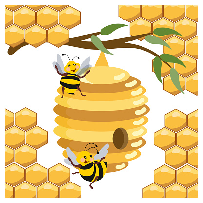 A beehive on a branch and funny bees on the background of honeycombs. Illustration, print, vector