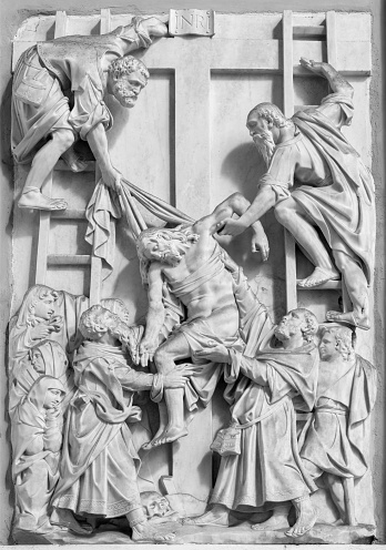 Naples - The relief of Deposition in the church Basilica della Santissima Annunziata Maggiore by unknown artist.