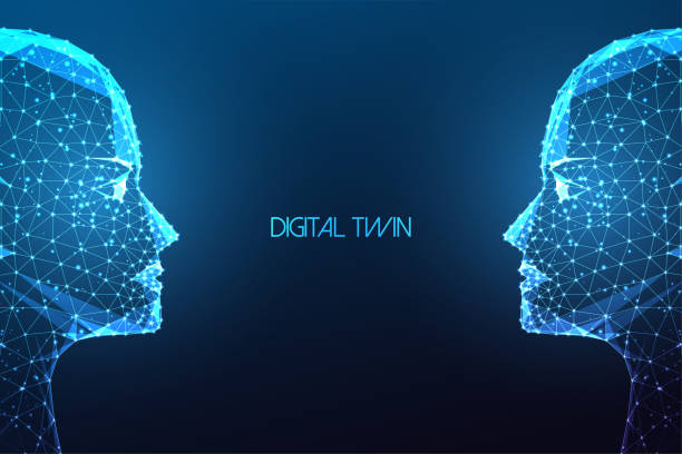 digitale zwillinge, futuristisches konzept mit künstlicher intelligenz mit zwei identischen gesichtern, die sich gegenüberstehen - digitaler zwilling stock-grafiken, -clipart, -cartoons und -symbole