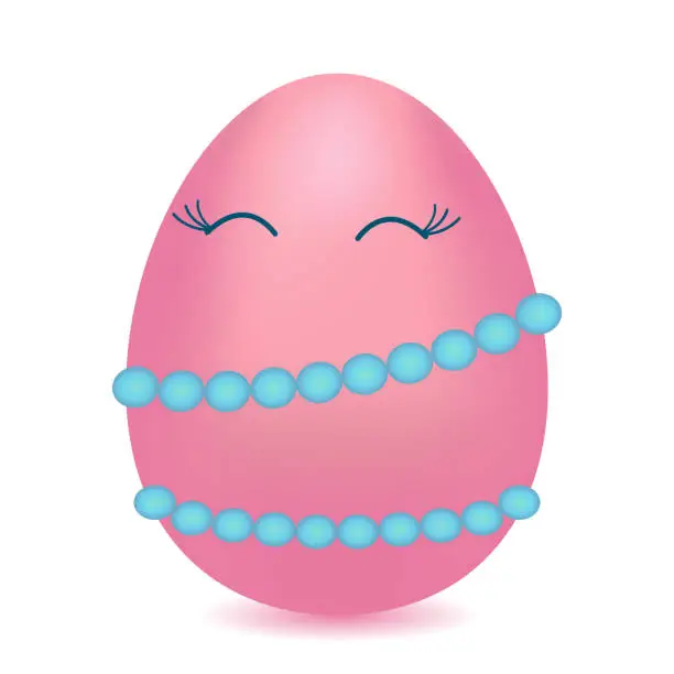 Vector illustration of Anthropomorphic pink happy Easter egg-woman wearing beads