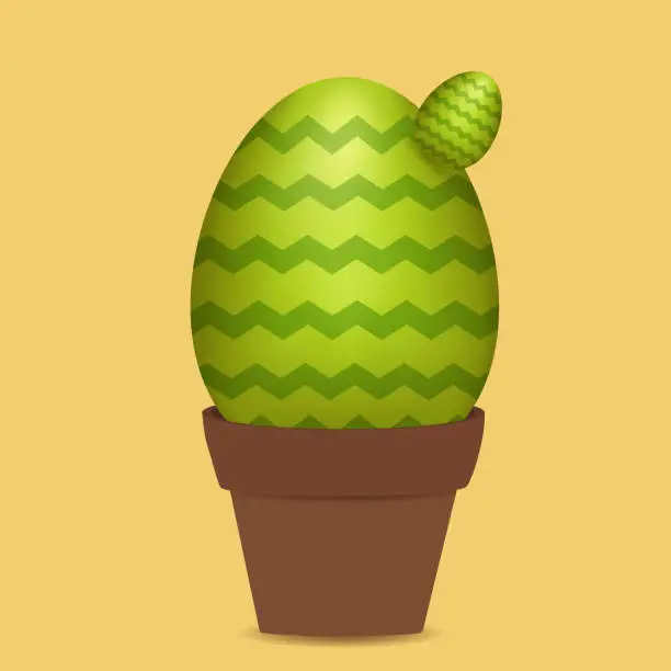 Vector illustration of An Easter egg stylized as a cactus stands in a brown flower pot