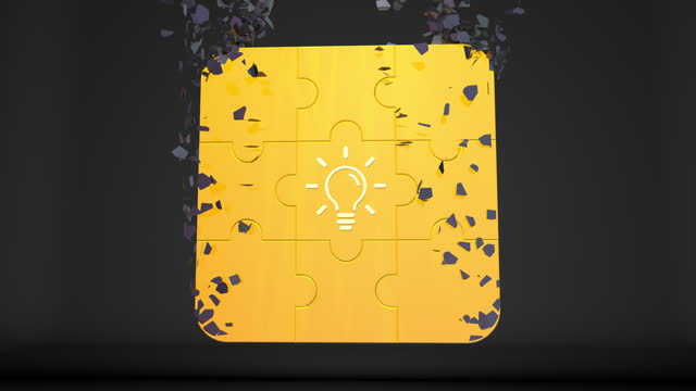 Golden puzzle piece with idea icon, complete the puzzle, light up and all the golden pieces are revealed