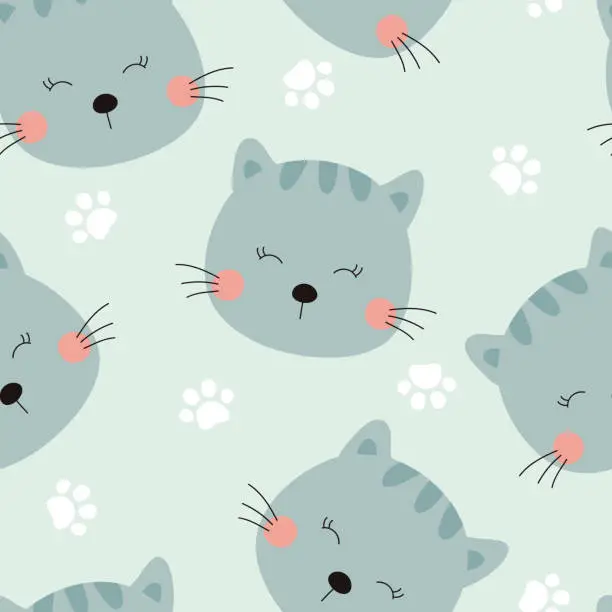 Vector illustration of Seamless pattern with cute white cat and paw prints. Vector illustration on blue background. It can be used for wallpapers, wrapping, cards, patterns for clothing and others.