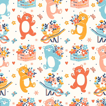 Spring garden thematic background. Seamless pattern with bouquets of flowers, gardening items and funny bears. Bright vector backdrop. Adorable wrapping paper, textile or fabric