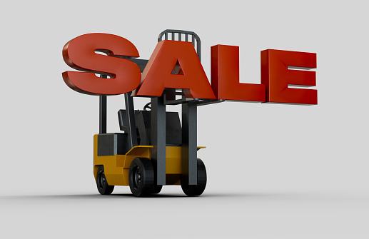 Conceptual 3D rendered forklift holding up sign that reads SALE.