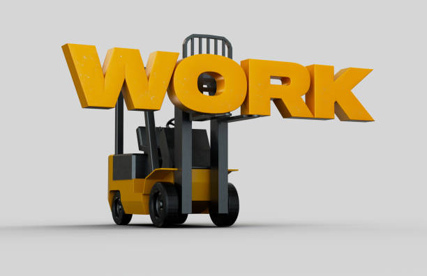 Conceptual 3D rendered forklift holding up sign that reads WORK.