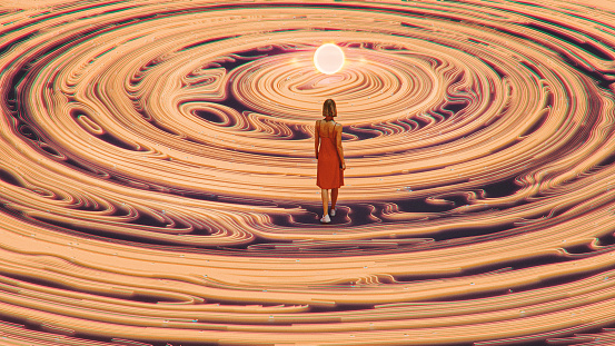 Woman walking in abstract environment. 3D generated image.