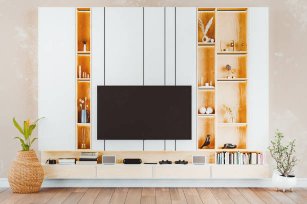 Modern living room TV set. 3D generated image.