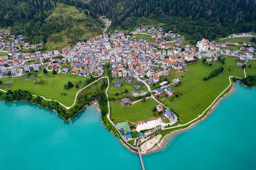 Aerial view of the walking bridge above the lake in Auronzo in the Dolomites, Italy - Province of Belluno