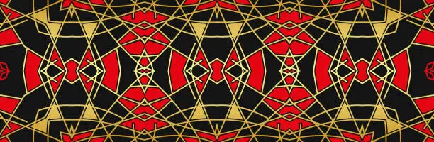 Vector illustration of Banner. Relief geometric abstract 3D pattern on a black background made of gold lines and shapes. Ornamental cover design, art deco style. Ethnicity of the East, Asia, India, Mexico, Aztec.