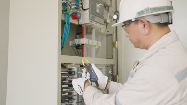 A man in a white hat and safety glasses is working on a power box