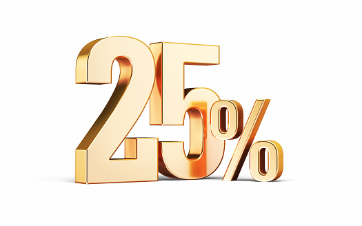 3d render Metallic 25 percent sign sitting on white background (Object + Shadow Clipping Path)