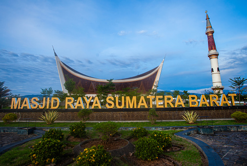 The Great Mosque of West Sumatera (Masjid Raya Sumatera Barat) in Padang, Indonesia. The biggest mosque in West Sumatera, with a unique design that inspired by traditional house of West Sumatran.