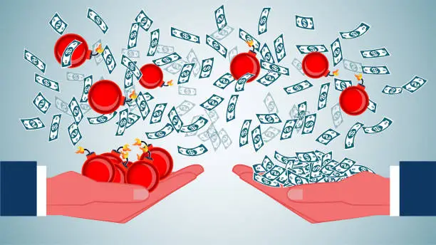 Vector illustration of Profit and Risk in Investing, Stock Markets, Financial Markets or Marketing Instability, Profits and Scams in Financial Investing, Catching falling banknotes with one hand and red bombs in banknotes with the other hand