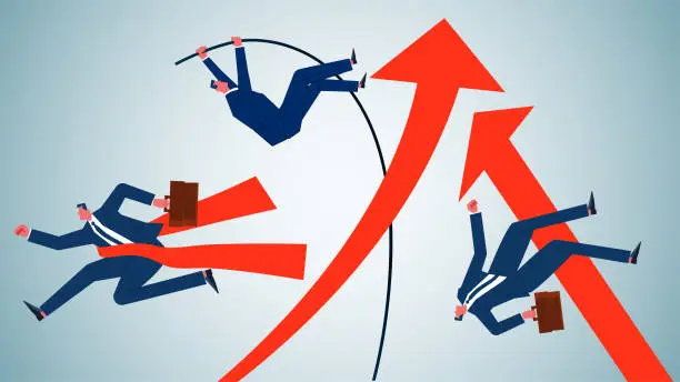 Vector illustration of Conquering adversity, determination and perseverance to overcome obstacles, the hardships and challenges of success, businessmen sprinting to the finish line, pole vault jumping arrows, high jump jumping arrows