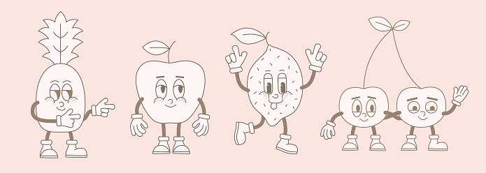 Groovy line beige cartoon fruits. Comic mascot of 60s and 70s funky comic cherry, lemon, pineapple, apple happy smile face, hands and feet