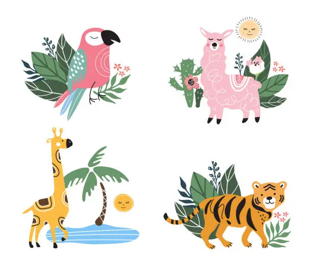 Vector illustration of Cute cartoon alpaca,tree, giraffe, parrot, tiger.