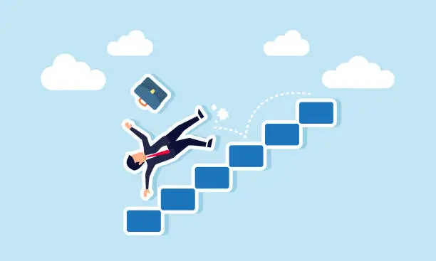 Vector illustration of Business risk, mistake, challenge, difficulty, accident leading to bankruptcy, concept of Unlucky businessman falls downstairs during economic crisis or career setback