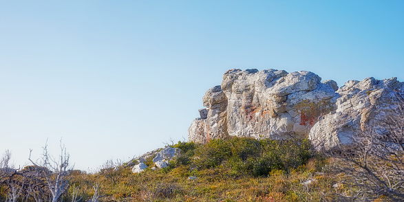 Sedimentary rock on mountain cliff topped with trees with blue sky
