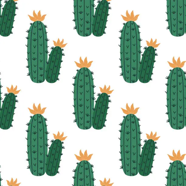 Vector illustration of Ð¡actus seamless vector pattern. A prickly tropical plant with green stems, spines, colorful flowers. Indoor or desert succulent. South American cereus. Hand drawn botanical doodle. Cartoon background