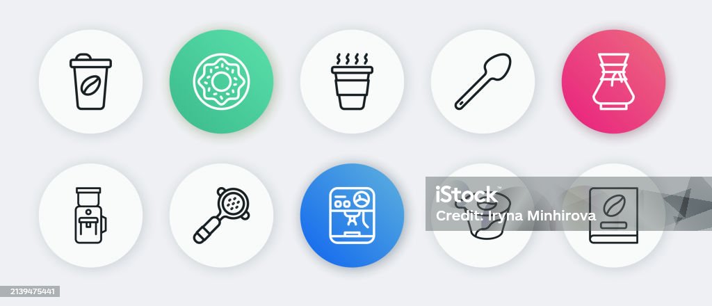 Set line Coffee machine, Pour over coffee maker, Electric grinder, Teaspoon, cup to go, book and filter holder icon. Vector - Royalty-free Kahveci Vector Art Set line Coffee machine, Pour over coffee maker, Electric grinder, Teaspoon, cup to go, book and filter holder icon. Vector - Royalty-free Kahveci Vector Art