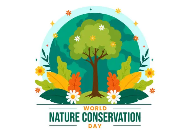 Vector illustration of World Nature Conservation Day Vector Illustration with World Map, Tree and Eco Friendly Ecology for Preservation in Flat Cartoon Background