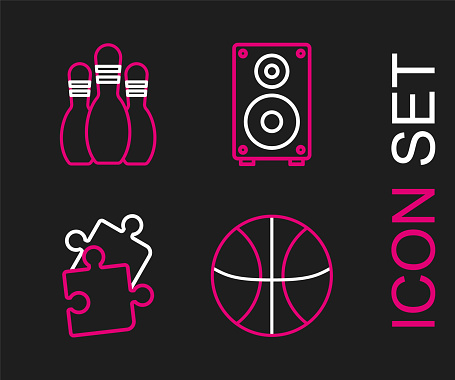 Set line Basketball ball Piece of puzzle Stereo speaker and Bowling pin icon. Vector.