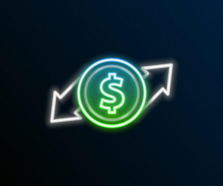 Glowing neon line Financial growth and dollar coin icon isolated on black background. Increasing revenue. Colorful outline concept. Vector.
