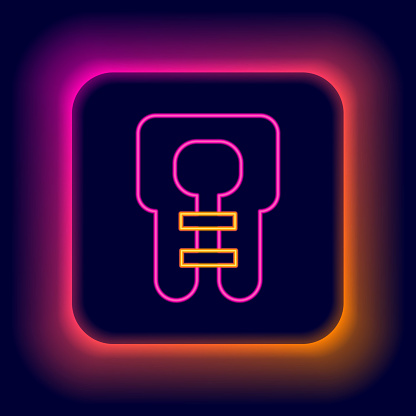Glowing neon line Life jacket icon isolated on black background. Life vest icon. Extreme sport. Sport equipment. Colorful outline concept. Vector.