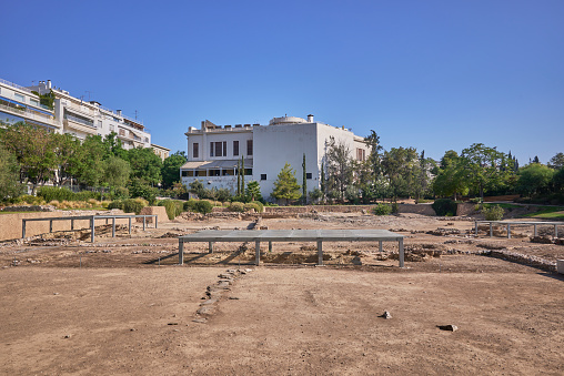 Ancient archeological site of Aristotle Lyceum Lykeion in Athens, capital of Greece on 16 August 2023