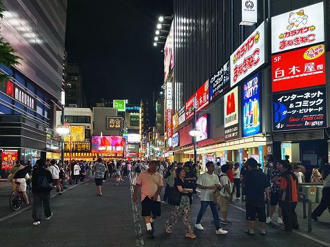 Tokyo, Japan - 20 August 2023: Midnight in Shinjuku: Tokyo Lively Nighttime Ambiance, Japan