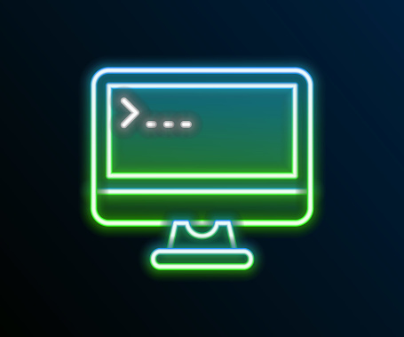 Glowing neon line Computer monitor screen icon isolated on black background. Electronic device. Front view. Colorful outline concept. Vector.