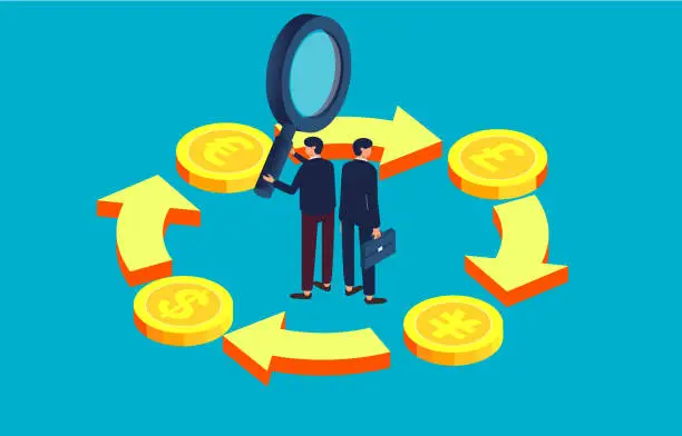 Vector illustration of Currency exchange, wealth transfer, global forex trading, currency investors, financial research specialists, businessmen with magnifying glasses standing between currencies that are converting to each other