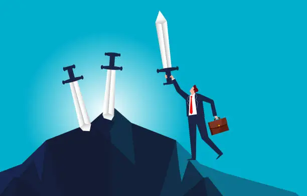 Vector illustration of Drawing the Sword in the Rock, Opportunities and Challenges, Authority, Career Tips, Successful Businessman Standing on a Mountain Peak Drawing the Sword in the Rock