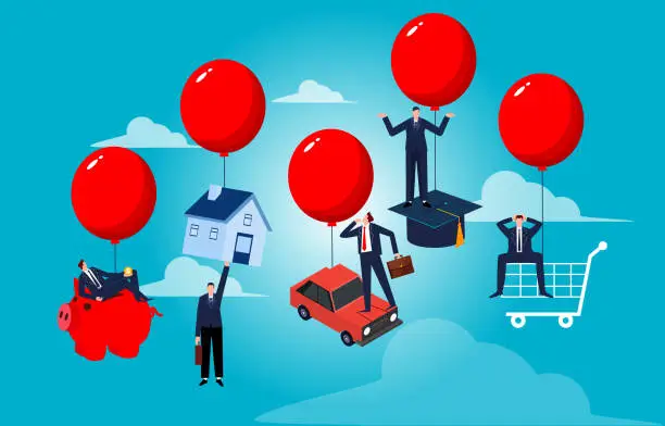 Vector illustration of Increased cost of living and living expenses, higher inflation, balloons pulling businessmen and businesswomen upward in their houses, cars, graduation caps, piggy banks, shopping carts