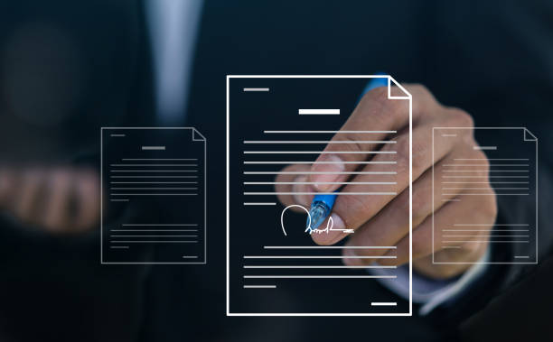 istock Human signing documents with pen, online business contract electronic signature, technology, e-signing, digital document management, paperless office, signing business contract concept 2139639807