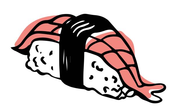 illustrazioni stock, clip art, cartoni animati e icone di tendenza di vista laterale in stile doodle disegnata a mano in stile doodle di gamberetti vettoriale singolo isolata su sfondo bianco - sushi nigiri white background red