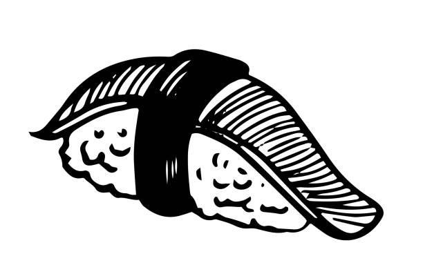 illustrations, cliparts, dessins animés et icônes de un seul vecteur ormeau sushi nigiri dessiné à la main doodle style vue latérale isolé sur fond blanc - sushi nigiri white background red